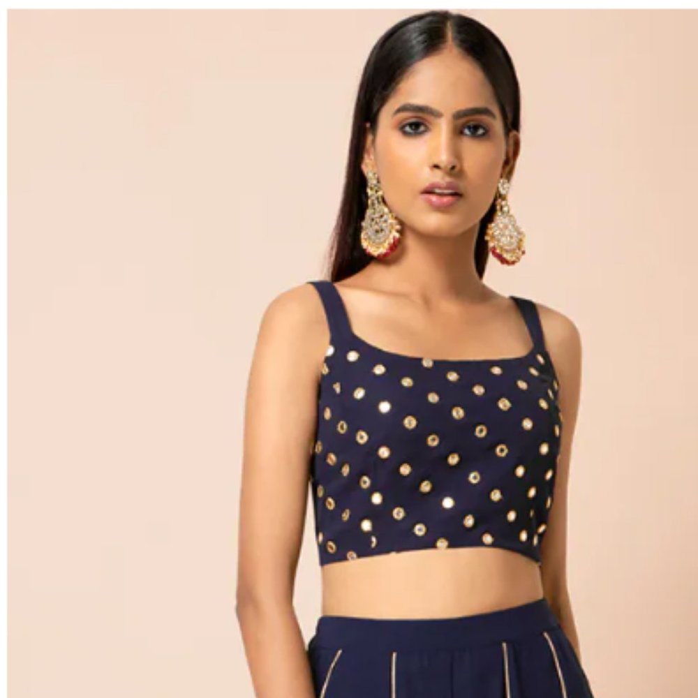 Navy Mirror Work Strappy Crop Top